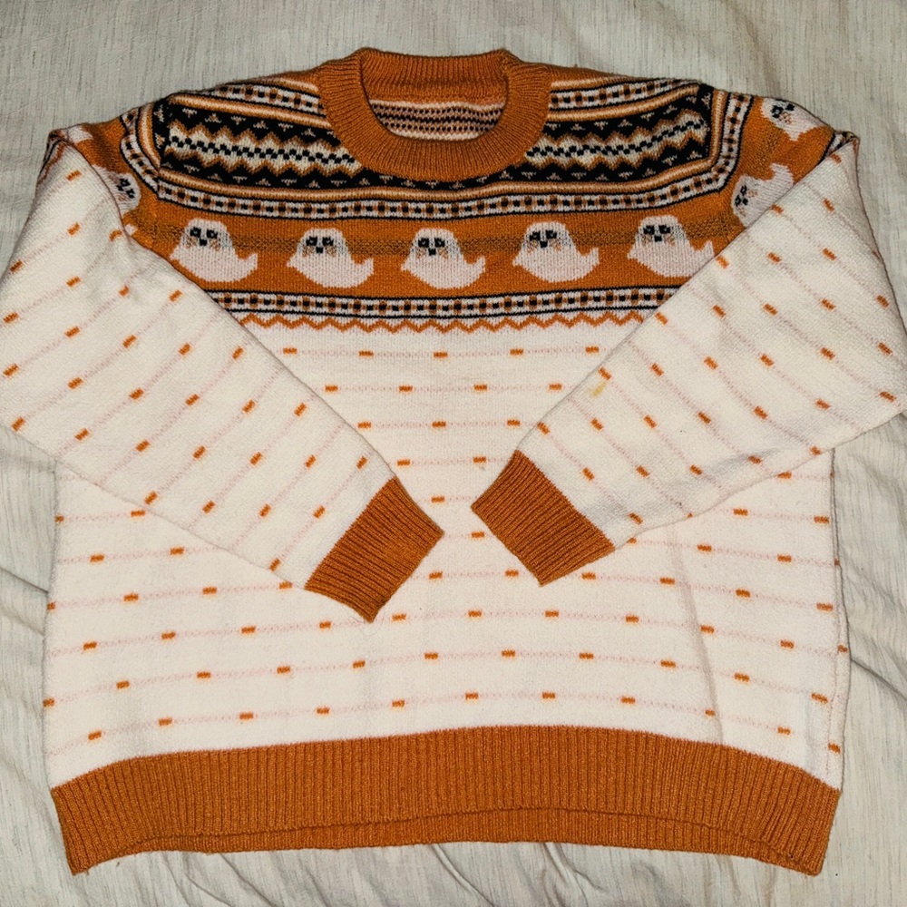 Cozy Ghost Pattern Halloween Sweater - Orange and White